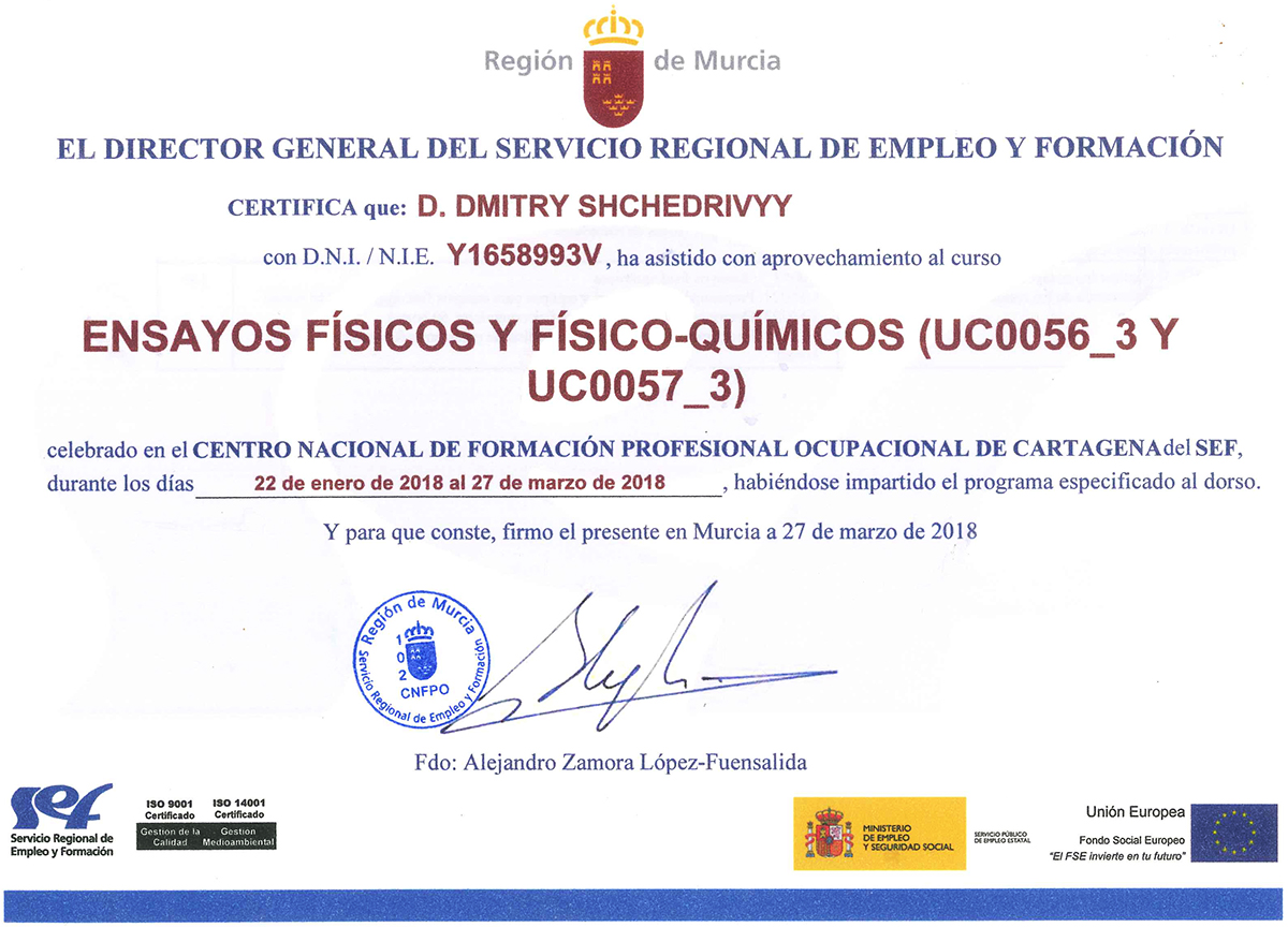 Certificado Ensayos Físicos y Físico-Químicos